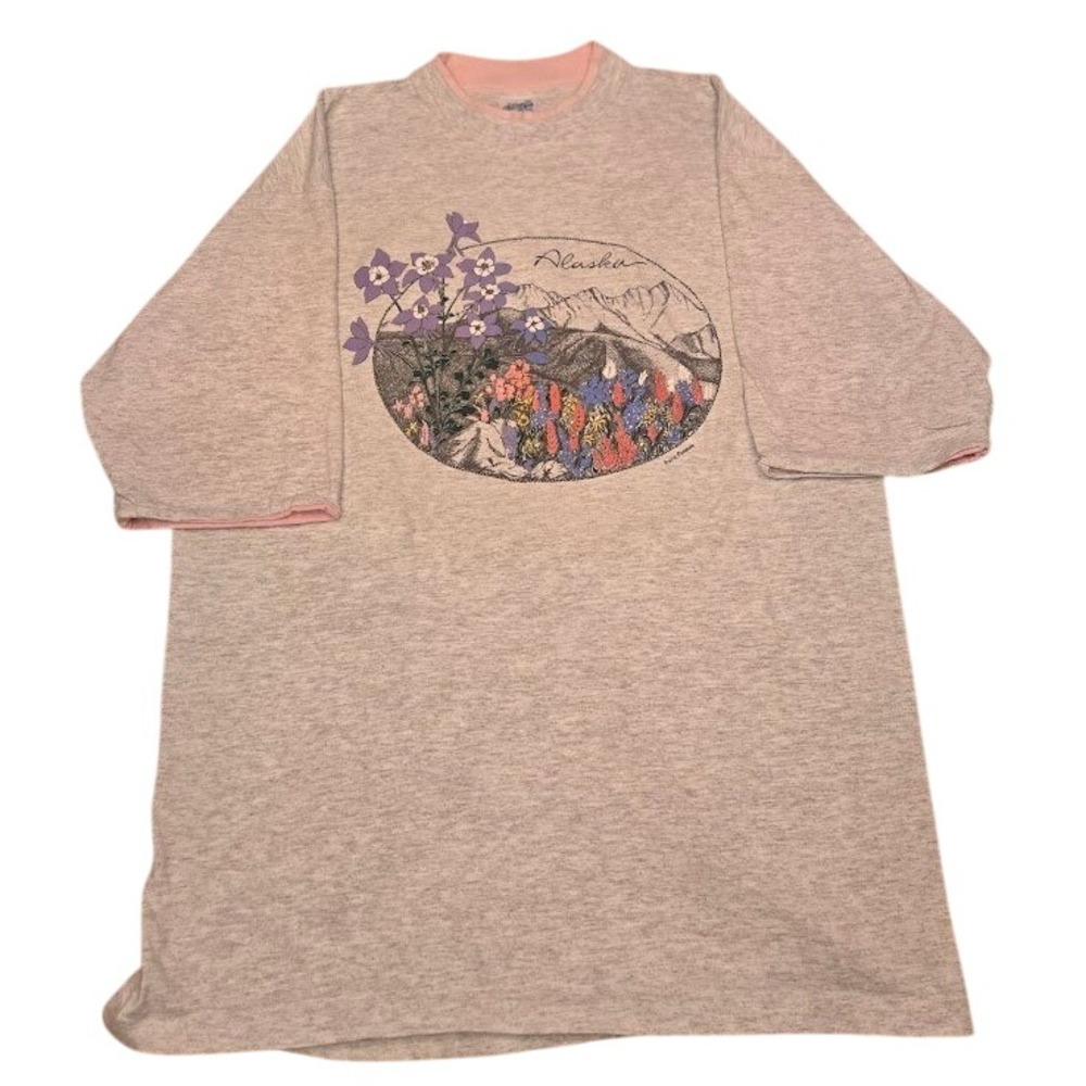 Vintage Alore Alaska Wildflower Mountain Graphic Nightgown Grey Pink XL USA Made